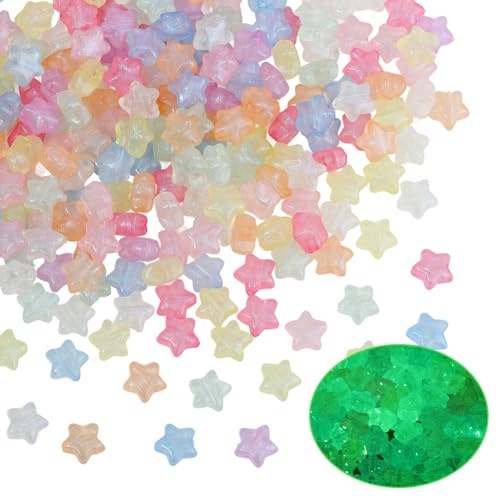 PONABEADIY 300 Stück Leuchtende Sternperlen Für Die Schmuckherstellung | 1 Box Acryl Löchern Im Dunkeln Leuchtend Glitzernd Kunststoff Pony Anhänger Abstandsperlen für DIY Armbänder Bastelbedarf