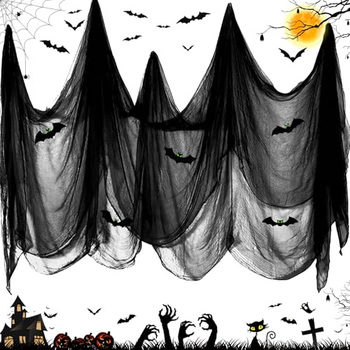 Wzone Halloween Deko schwarzer Tüll 215x600cm mit 20 Fledermaus Aufkleber (12 3D + 8 Nachtleuchtend), schwarzes Tuch Spukhaus Gruselige Stoffe für Veranda, Garten, Tür, Halloween Party Innen Außen