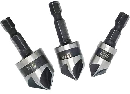 3-Piece Hex Shank Countersink Drill Bit Set for Woodworking - 12mm, 16mm, 19mm Sizes, 90 Degree Flute, High Carbon Steel