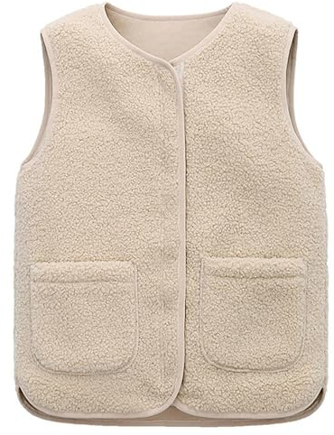 Vinuwu Gilet sans manches pour femme - Gilet teddy - Couleur unie - Col en V - Boutons - Gilet polaire - Gilet en fourrure - Gilet court en peluche - Gilet d'automne, blanc crème, XXL