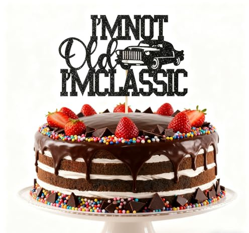 KSHGTBI'm Not Old I'm ClassicBlack and gold Glitter Cake Topper,Vintage Car Classic Car Birthday Cake Decorations for Men, Car Cake Topper for 40th 50th 60th 80th 90th Birthday Party Supplies