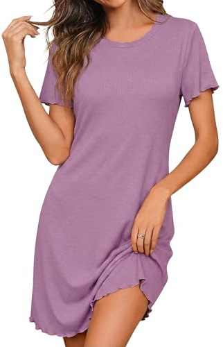 Demegimi Chemise de Nuit Femme en Coton Robe Tee Shirt Manches Courtes Vêtements de Nuit Été