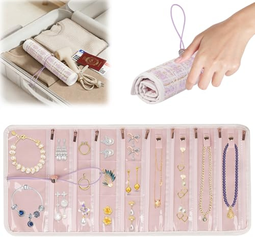 BlyeMichdi Schmuckrolle, Schmucktasche für Reisen, Schmuckaufbewahrung Reise, Faltbare Transparente PVC Schmuck Tasche Schmuck Organizer für Ringe Halsketten Ohrringe Armbänder (lila)
