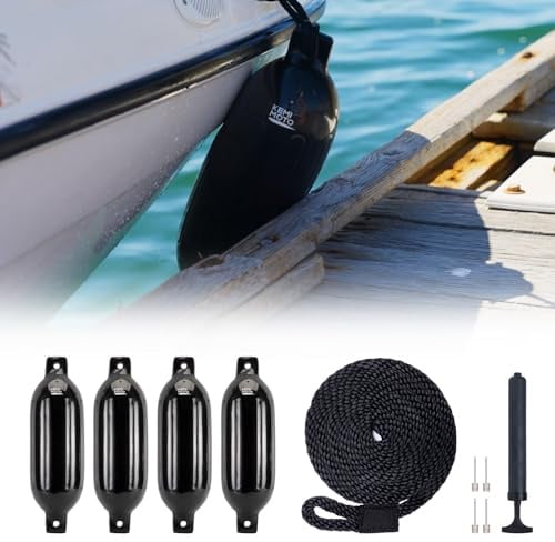 KEMIMOTO båtfender, uppblåsbara båtspoller för båtar, set om 4 med 4 rep, perfekt för manöverer, lämplig för pontonbåtar, fiskebåtar och jonbåtar