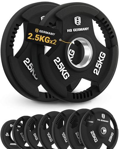 HQ Germany® Hantelscheiben 50mm [Tri-Grip Design] - Gewichte 1,25-25kg | 100% Gusseisenkern, PVC-Gummierung, drei ergonomische Griffe, ±3% kalibriert, Edelstahl-Hülse, auf 5.000 Drops getestet
