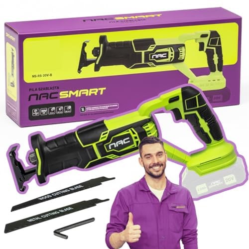 NAC SMART Akku-Säbelsäge Reciprosäge Fuchsschwanz NSRS20VB | 20V SMART Line System | 2.0Ah Akku und Schnellladegerät | Schneiden von Holz Metall Kunststoff | 0-3000 U/min Hub 20mm Sägeblatt Set