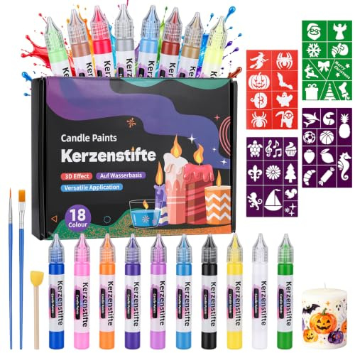 Zoyomax 18 Farben Kerzen bemalen Set, 15ml Wachsstifte für Kerzen – Candle Pen für Bemalen, Verzieren, Gestalten & Selber Machen, für Halloween & Weihnachten, mit 3 Pinseln & 4 Schablonen