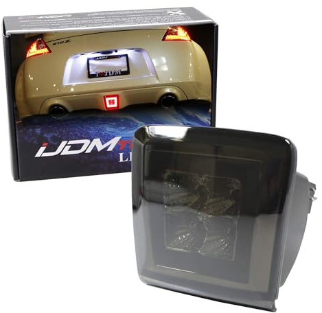 iJDMTOY Dark Smoked Lens LED Rear Fog Light Kit Compatible With 2009-2020 Nissan 370Z & 13-17 Juke Nismo, Powered by Red LED as Brake/Rear Fog & White LED as Backup Reverse Lamp