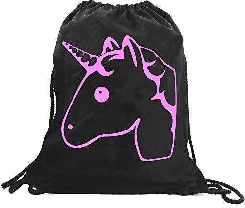 PREMYO Sac à Dos Sport à Cordon - Sac de Gym École Collège en Coton - Femme Fille Impression Licorne Rose Noir