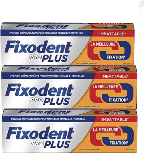 Fixodent - Fixodent Pro # Grand FORMAT 60 g # Duo Action - Crème adhésive premium pour prothèses dentaires - Longue Durée - Plus Fort - Lot de 3 tubes de 60 Grammes