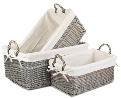 Red Hamper Shallow Lined Antique Wash Storage Basket, Wicker, Brown, 59 x 39 x 25 cm