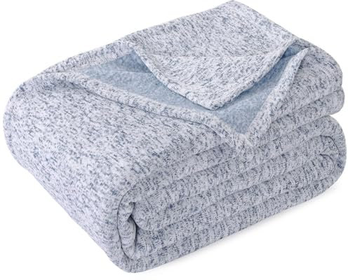 KAWAHOME Sweatshirt-Überwurfgröße, Sommerdecke für Bett, leichte, atmungsaktive Decken, weiche, dünne Strick-Jersey-Überwurfgröße, warme Decke für heiße Schläfer, 127 x 152 cm, Blau und Weiß