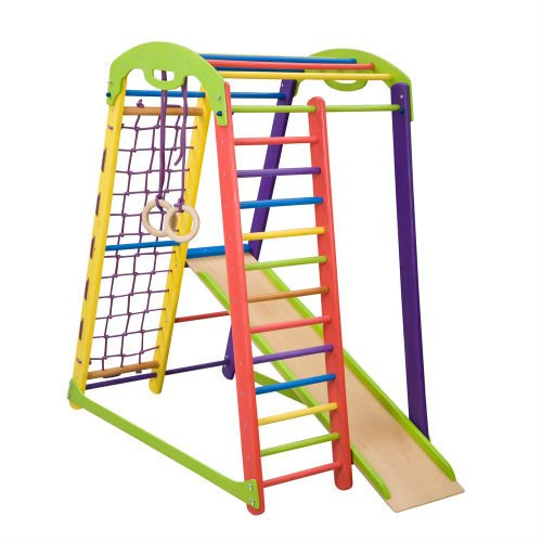 Kinder zu Hause aus Holz Spielplatz mit Rutschbahn ˝Junior-C˝ Kletternetz Ringe Kletterwand