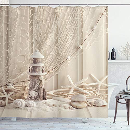 ABAKUHAUS Unterwasser- Duschvorhang, Marine Fischernetz, Stoffliches Gewebe Badezimmerdekorationsset mit Haken, 175 x 180 cm, Beige Creme
