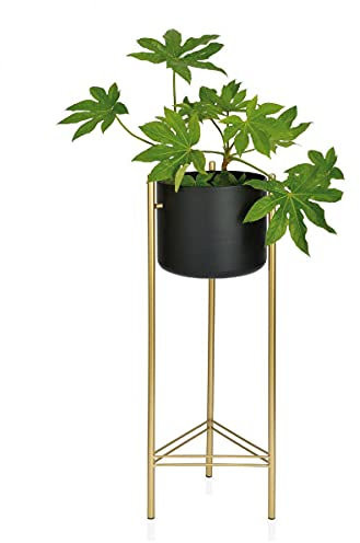 Wadiga Cache-Pot sur Pied en Métal Doré et Pot Noir - Hauteur 80cm