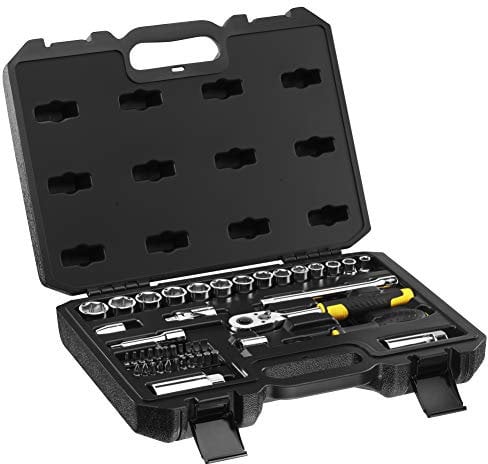 Stanley STMT82829-1 Coffret De Douilles 3/8’’ + Cliquet 72 Dents + Embouts 1/4 - Coffret Compact Et Résistant À Attaches En Métal - Jeu De 45 Pièces
