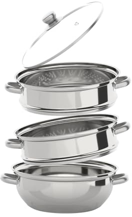 3 Ebenen Edelstahl Dampfkocher, 32.5x25cm Dampf Kochtopf mit Belüftetem Glasdeckel, Dampfgarer Suppentopf für Gemüse und Fleisch
