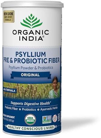 ORGANIC INDIA Psyllium Husk Powder - Pre & Probiotic Fiber Supplement, Whole Psyllium Husk Supplement, Unflavored Powder, Dietary Fiber, USDA Organic, Gluten Free - 10 Oz