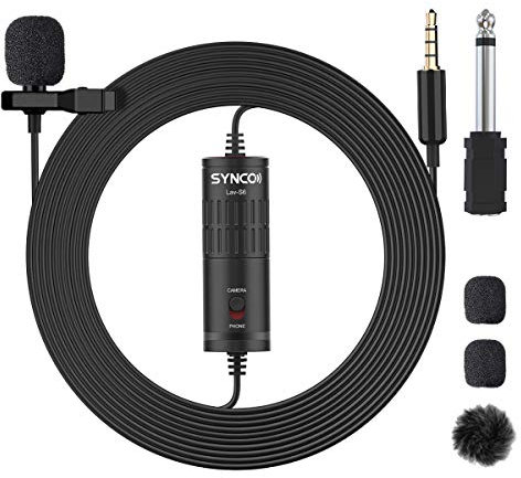 SYNCO Lavalier Mikrofon, Omnidirektional Kondensator Mic mit Windschutz, Ansteckmikrofon 3.5mm TRS/TRRS 6.3mm für Smartphone iPhone Android Huawei Samsung, PC Laptop, Kamera DSLR Camcorder Lav-S6