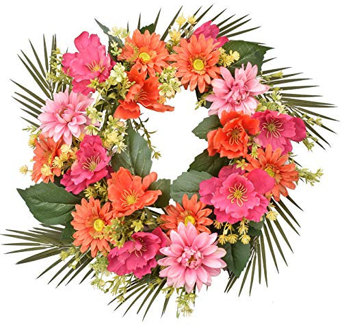 I-GURU Frühlingskranz für Haustür, 45,7 cm, grüne Blätter, Dahlie, Orange, Blumen, Türkränze Hortensien für Sommer, alle Jahreszeiten, Bauernhaus, Innen- und Außenbereich, Wanddekoration