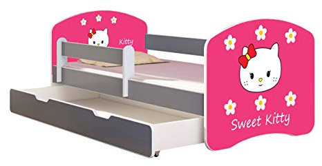 ACMA Kinderbett Jugendbett mit Einer Schublade und Matratze Grau mit Rausfallschutz Lattenrost II (16 Sweet Kitty 2, 180x80 + Bettkasten)