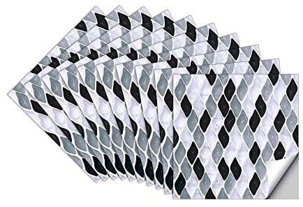 Hiseng 10pcs Kitchen Bathroom Wall Tile Stickers, DIY Square Decals Color Jade Printed Sticker for Kitchen Living Room Bathroom Home Decor Self-Adhesive (Black and White,20x20cm)