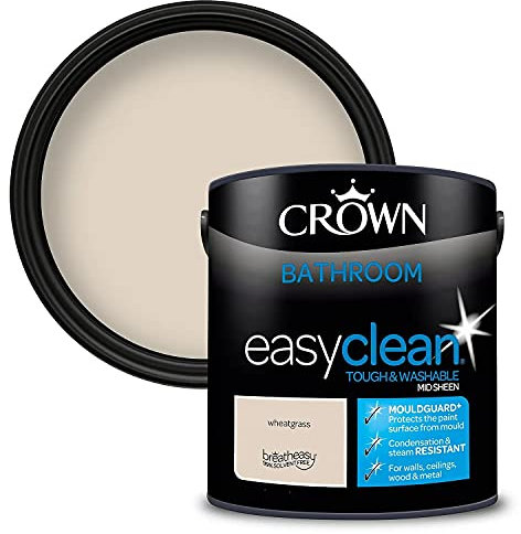 2.5L CROWN Easyclean Bathroom MID-SHEEN Emulsion Multi Surface Paint With MOULDGUARD+ That can be Used on Walls, Ceilings, Wood and Metal. Stain & Scrub Resistant Formula – Wheatgrass