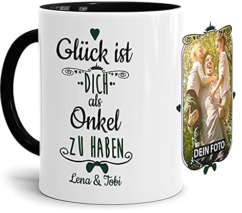Tasse mit Spruch - Glück ist, Dich als Onkel zu haben - Personalisierbare Keramiktasse mit Namen und Foto - Geschenkidee für den Onkel - Innen & Henkel Schwarz, 300 ml