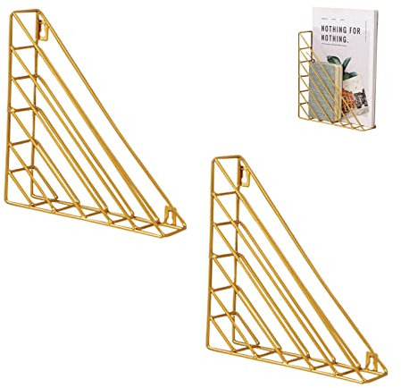 MOROBOR Zeitschriftenständer, 2 Stück, dreieckig, zur Wandmontage, Metall, Zeitschriften, Bücher, Aufbewahrung, 23 x 23 x 5 cm, Gold