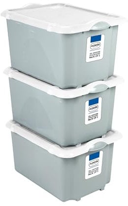 Addis 30 litre Eco Grey Plastic Unistore Storage Boxes Made in the UK from Recycled plastic, with clip lock lid and base, Pack of 3, tough reliable stackable nestable,