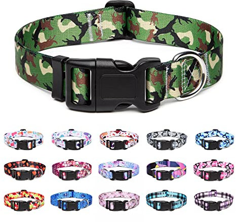 Suredoo Adjustable Nylon Dog Collar with Patterns, Soft Comfy Pet Collar for Small Medium Large Dogs (L, Dog Camouflage Green)