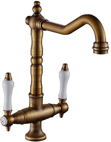 SXLSZ Küche Wasserhahn Mischbatterie,Antik Nostalgie Messing Landhaus Küchenarmatur,360°Schwenkbar Mit 2 Keramisches Griffe, Zweigriffmischer Spültischarmatur -Chrome,1