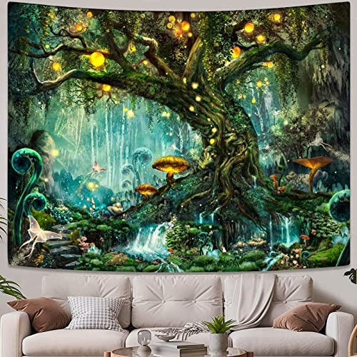 YEXIT Märchen Magischer Wald Tapisserie, Natur Baum des Lebens mit Elfen Landschaft Tapisserie Wandbehang für Wohnzimmer Schlafzimmer Dekoration Grün 60×80 inche