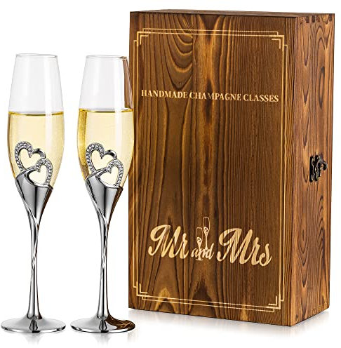 Personalised Champagne Glasses Wedding Gifts - Set of 2 Mr and Mrs Champagne Flutes with Engraved Wooden Gift Box Silver Crystal Champagne Glass Anniversary Bridesmaid Engagement Gifts for Bride Groom