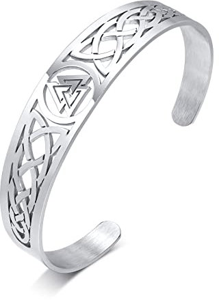 FLHEART Wikinger Valknut Armreif Armband - Edelstahl Ausgehöhlt Keltisch Triquetra Keltischer Knoten Entwurf Valknut Manschettenknopf Armband, Wikinger Armbänder für Herren Damen,Silber