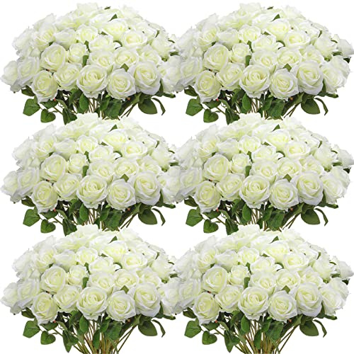 Jexine Künstliche Rosen, realistische Seidenrosen, mit langem Stiel, künstlicher Blumenstrauß, echt aussehend, für Zuhause, Hochzeit, Tafelaufsatz, Party-Dekoration, Weiß, 50 Stück