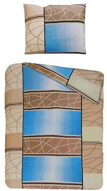 Julido Bettwäsche-Set, Bettdeckenbezug 135x200cm und Kopfkissenbezug 80x80cm, Deckenbezug und Kissenbezug aus Biber Baumwolle, in Beige und Blau, Oeko-Tex