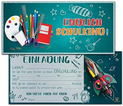 VOSVOLO Einschulung Einladungskarten | 12er Set Einladungen zum Schulanfang | DIN Lang Einladungskarten 1. Schultag für Jungen & Mädchen | 9,8cm x 21cm | Blau Quer