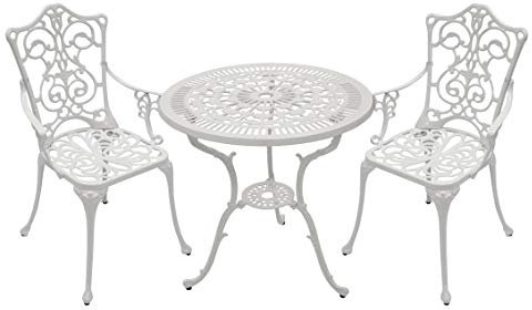 DEGAMO Gartenset Bistroset in Jugendstil Optik 3-teilig, Aluguss weiß, wetterfest, 2X Sessel und 1x Tisch 70cm rund, Outdoor