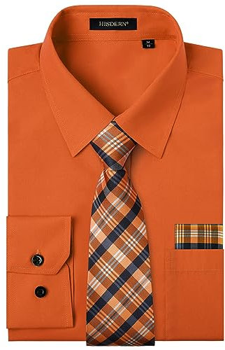HISDERN Camisa Hombre Naranja Manga Larga Formal Camisas y Corbata Elegante Camisa de Vestir de Negocios Boda con Bolsillo Regular Fit S