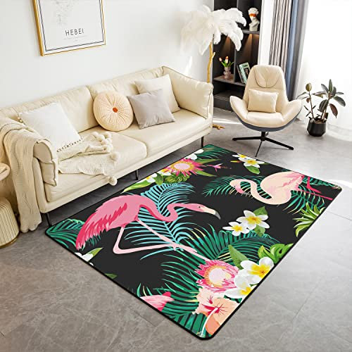 Loussiesd Flamingo Teppich 100x150cm Tropisch Floral Palmblatt Modern Teppich für Schlafzimmer Bodenmattes Ultra Weich Rosa Tier für Küche und Balkon Outdoor Teppich Wetterfest Dekor Bodenmatte