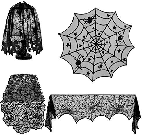 Halloween 4-teilige Tischdecke, Fledermaus-Sets, Dekorationen, Spitze, Halloween, Heimdekoration Notizzettel Roller (Black, One Size)