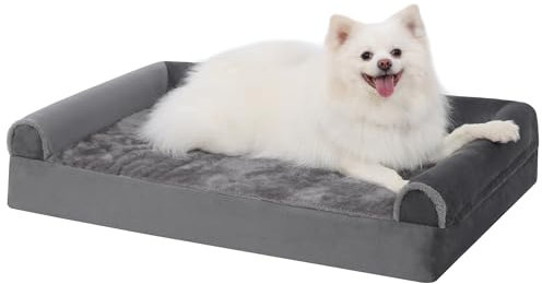 KSIIA Orthopädisches Hundebett Kleine Hunde 75x47x16cm Hundesofa Bezug abnehmbar waschbar, Hundekorb mit DREI erhöhte Ränder, Hundecouch rutschfeste Unterseite, Grau