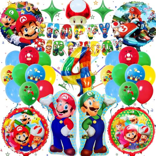 Mari Geburtstagsdeko Set, Super Mari Geburtstag Deko 4 Jahre, Frotox 32 Stück Super Mari Dekoration Geburtstag Mädchen Junge, Mari Geburtstagsfeier Thema Dekoration mit Super Mari Luftballon Banner