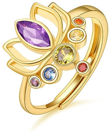TANGPOET Chakra Ring für Frauen 925 Sterling Silber Verstellbare Daumenring, Lotus Blume Yoga Ring, Inspirierender Schmuck Geschenke für Damen Mädchen, Gold