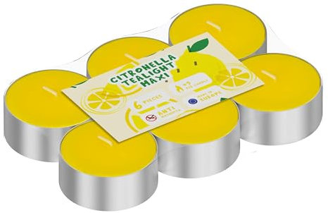 Citronella Kerzen [sehr intensiv] - 6 Stück Maxi Teelichter - Natürliche Zitronenkerzen für den Sommer - natürliche Extrakte - Ohne Palmöl - lange Brenndauer - Made in Europe