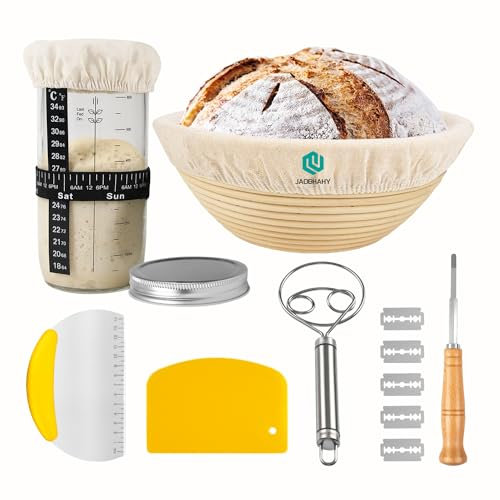 Juego de Banetones para Pan con Sourdough Starter Jar + Rascador de Metal + Rascador de Plástico + Batidor de Masa + Cuchillo de panadero,Perfecto para Panadería de Masa Madre Profesional y Casera