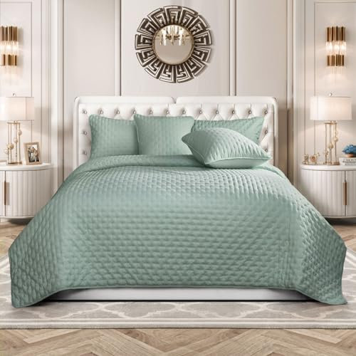 Elegante Gesteppte 3 Teilige Tagesdecke Vielseitige Wohndecke für Alle Jahreszeiten, Weiche Mikrofaser Wendbar Bettwäsche-Set, Bettüberwurf für Schlafzimmerdekoration, Wendbare Bettdecke (Grün)