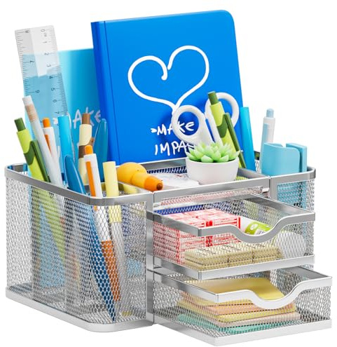 Marbrasse Netz Schreibtisch-Organizer,Multifunktionaler Stiftehalter mit 2 Schublade,Schreibtisch Aufbewahrung Zubehör für Heim Büro Bedarf (Silber)