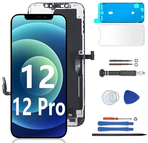 MP+ Reemplazo de pantalla para iPhone 12/12 Pro, Full HD, pantalla LCD Retina con kit de herramientas de reparación, cinta impermeable y protector de pantalla